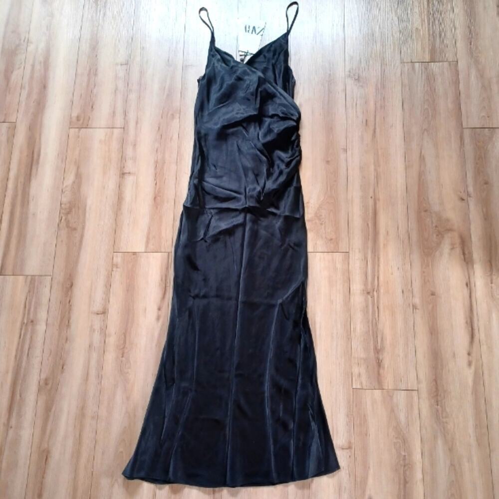 Zara Ruched Side Satin Effect Slip Dress Black XS NWT - Picture 4 of 11